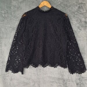 Ultra Pink Top Medium Black Whimsigoth Fairy Grunge Goth Sheer Crochet Lace